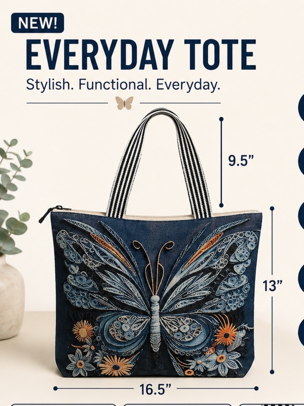 Everyday Butterfly Tote - Navy with Blue & Orange Embroidery